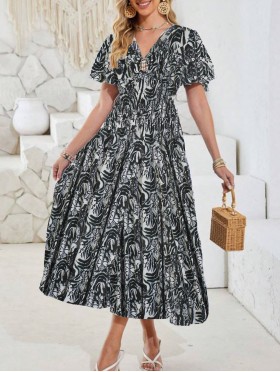 Abstract V -Neck Short Sleeved Summer Dress